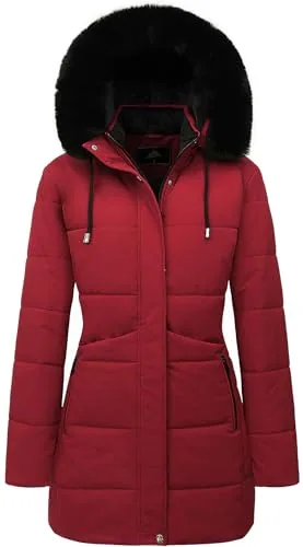Long Faux Fur Puffer Coat, Red