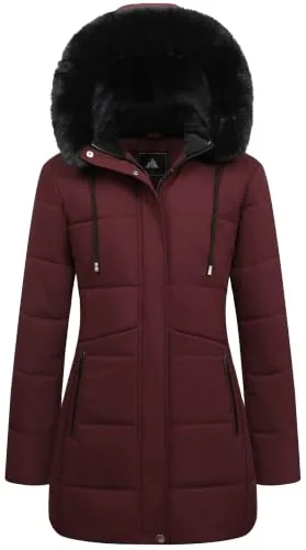 Long Faux Fur Puffer Coat, Dark Red