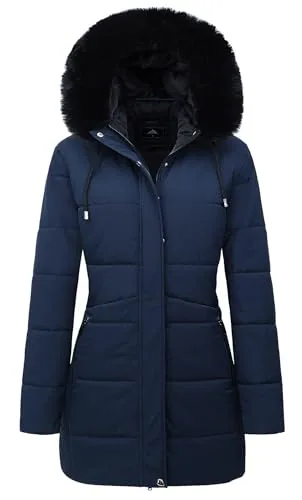 Long Faux Fur Puffer Coat, Navy