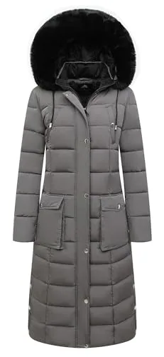 Long Faux Fur Winter Coat, Dark Grey