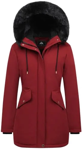 Faux Fur Down Coat, Dark Red